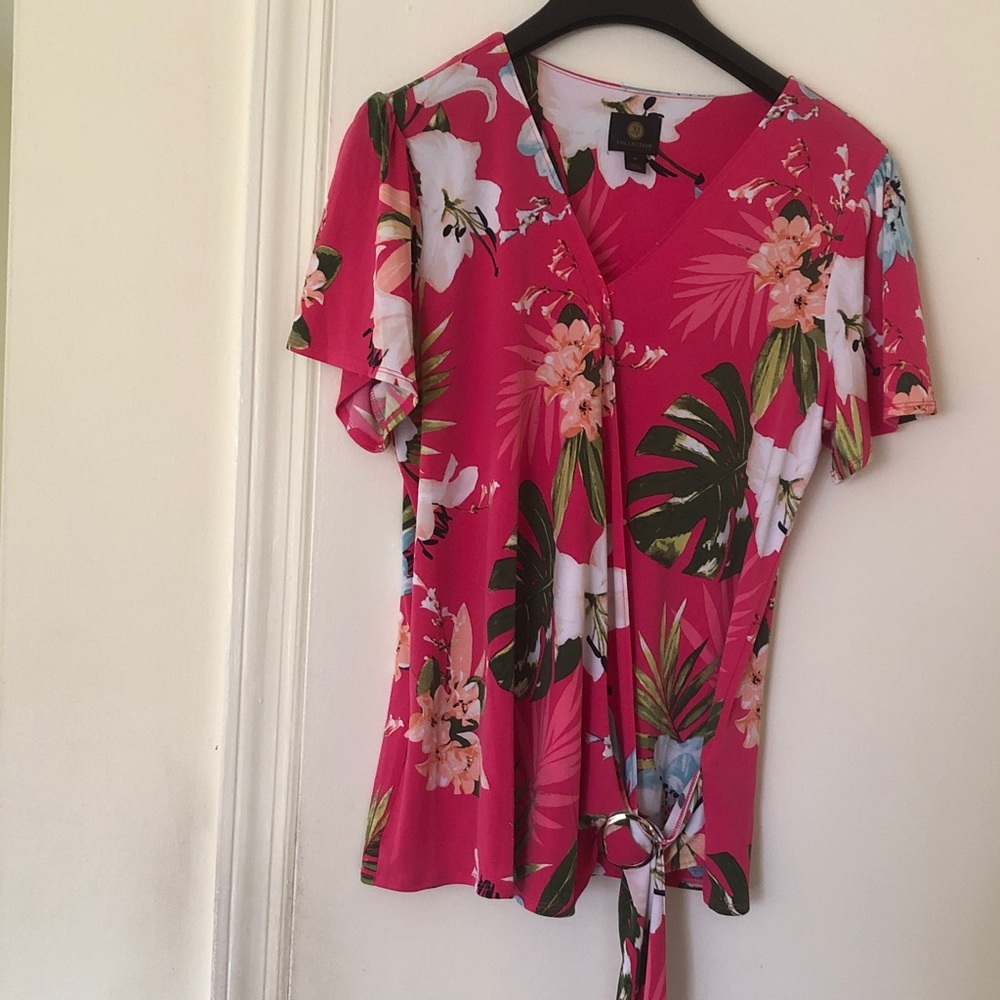 JM Collection Tropical Pink Tie-Front Blouse